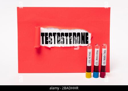 Lettrage de testostérone dans le trou de papier rouge et de tubes à essai avec des échantillons sanguins d'insuline, de progestérone et d'hormone femelle sur fond blanc Banque D'Images