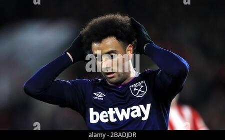 Felipe Anderson de West Ham United réagit après une occasion manquée Banque D'Images