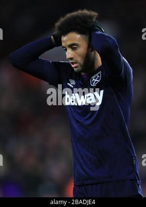 Felipe Anderson de West Ham United réagit après une occasion manquée Banque D'Images