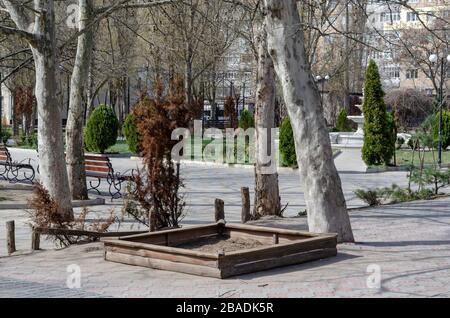 Ruelle de printemps vide. Bancs vides et aire de jeux pour enfants. Printemps journée ensoleillée dans une ville européenne sans peuple. Rues vides. Banque D'Images