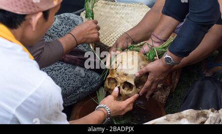 Scène lors de la cérémonie de crémation balinaise (cérémonie funéraire de Ngaben), nettoyage d'un crâne. Funérailles indonésiennes, Padangbai, Bali, Indonésie. Banque D'Images