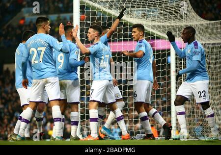 Phil Foden, de Manchester City, célèbre son premier but du jeu : le but est par la suite interdit d'être offensé Banque D'Images