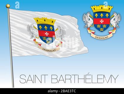 Drapeau national officiel de Saint-Barthélemy et armoiries, caraïbes, illustration vectorielle Illustration de Vecteur