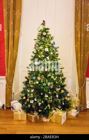 Un arbre de Noël joliment décoré entouré de cadeaux soigneusement enveloppés à l'intérieur de la maison Stourhead à Noël, Wiltshire, Angleterre, Royaume-Uni Banque D'Images