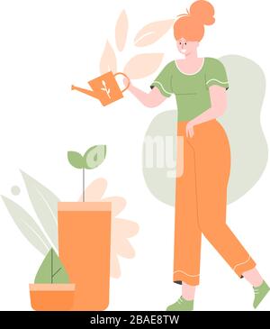 Le personnage de fille vecteur mignon est des plantes d'arrosage. Illustration de Vecteur
