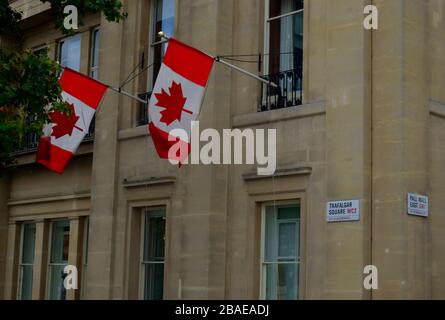 Trafalgar Square, London, Royaume-Uni - le 7 septembre 2019 : deux drapeaux du Canada à l'extérieur de la Maison du Canada, la maison du Haut-commissariat du Canada Banque D'Images