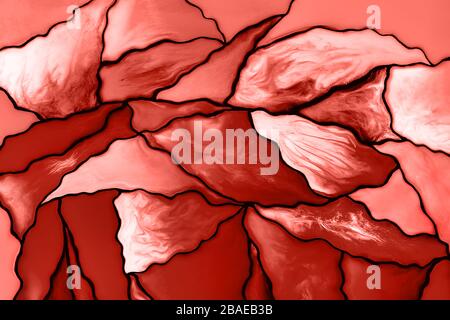 Petit fragment photo d'un beau vitrail dans différentes teintes de couleur corallienne à la mode. Toile de fond pour votre conception. Arrière-plan tendance. Espace de copie. Banque D'Images