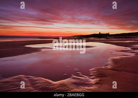 Château de Dunstanburgh de l'autre côté de la baie d'Embleton à l'aube, Northumberland, Angleterre Banque D'Images