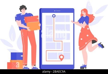 Livraison à domicile. Suivez les packages en ligne dans l'application mobile Illustration de Vecteur