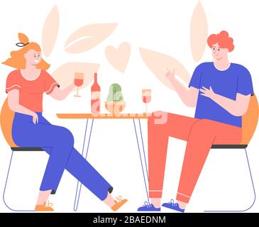 Jeune couple à une date dans un restaurant. Illustration de Vecteur