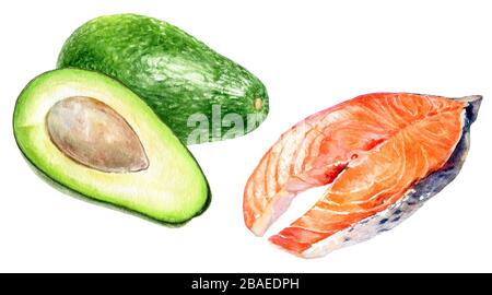 Saumon avocat ensemble aquarelle isolée sur fond blanc Banque D'Images