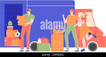 Famille heureuse avec un chat et des sacs près du camion Illustration de Vecteur