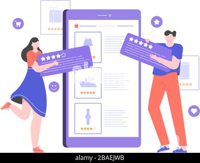 Avis et évaluation des produits dans la boutique en ligne Illustration de Vecteur