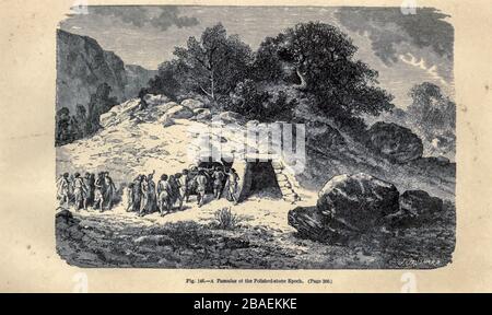 Tumulus selon l'illustrateur français Emile Bayard (1837-1891), illustration de l'œuvre publiée dans Primitive Man par Louis Figuier (1819-1894), publiée à Londres par Chapman et Hall 193 Piccadilly en 1870 Banque D'Images