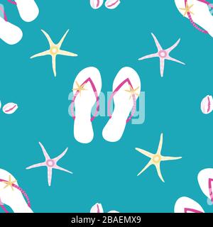 Arrière-plan à motif vectoriel transparent pour chaussures à bascule. Jolies sandales, étoiles de mer, toile de fond en coquille de cowrie. Bleu turquoise, blanc, rose. Impression complète pour Illustration de Vecteur