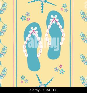 Arrière-plan à motif vectoriel transparent pour chaussures à bascule. Sandales élégantes, étoiles de mer, coquille de cowrie toile de fond. Rayures géométriques bleu pastel, jaune Illustration de Vecteur