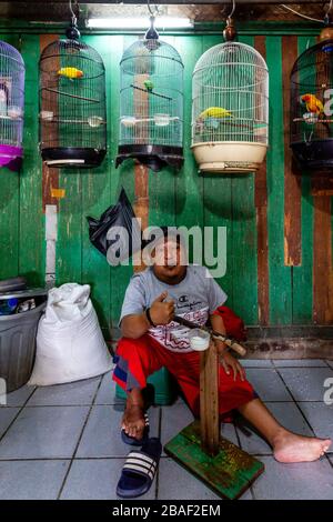 Un homme vendant des oiseaux au marché des oiseaux de Pramuka, Jakarta, Indonésie. Banque D'Images