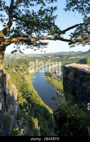 Vue sur la rivière Elbe allemande près de la Bastei l'après-midi en été, montagnes de grès d'Elbe, Parc national de la Suisse saxonne, État de Saxe, Banque D'Images