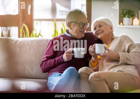 Portrait d'un couple senior heureux se détendre ensemble à la maison Banque D'Images