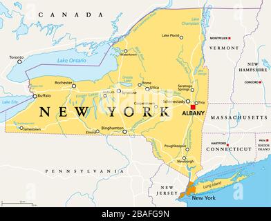 New York State (NYS), carte politique, avec la capitale Albany, frontières, villes importantes, rivières et lacs. État dans le nord-est des États-Unis. Banque D'Images