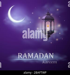 Salutation du Ramadan Kareem avec une belle lampe arabe et une lune de croissant avec des nuages. Illustration vectorielle. Illustration de Vecteur