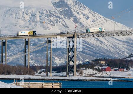 Vue sur le détroit de Tjeldsundet et le pont de Tjeldsundet près de Harstad, Norvège. Banque D'Images