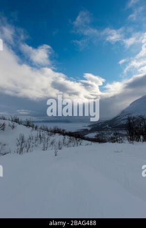 Vue depuis les pistes de ski de l'Hotel Fjallet, région de Lac Tornetrask gelé et enneigé, en Laponie suédoise, dans le nord de la Suède. Banque D'Images