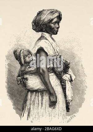 Portrait d'une jeune femme africaine portant son fils à la taille dans des vêtements typiques, voyage et exploration par Henry Morton Stanley, expédition comment moi Banque D'Images