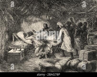 Mort du Dr David Livingstone dans le village de Tchitammbo, Afrique, en 1873. Les derniers journaux de David Livingstone missionnaire et explorateur écossais, Banque D'Images