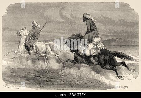 Cavaliers sur la route de Téhéran, Iran, des voyages en Asie centrale 1863 par Armin Vambéry. Ancienne gravure El Mundo en la Mano 1878 Banque D'Images