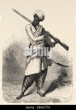 Portrait de Hazara alpiniste, Inde. Voyage au Punjab et au Cachemire par Guillaume Lejean. Ancienne gravure El Mundo en la Mano 1878 Banque D'Images