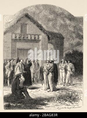 Inspection des ouvriers à la porte de l'église, Pérou. Amérique du Sud. Voyage dans la vallée des Quinas par Paul Marcoy. Ancienne gravure El Mundo en Banque D'Images