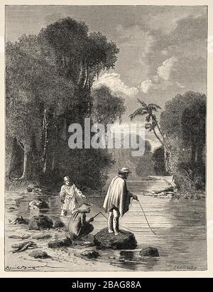 Pêche au shad sur une rivière, Pérou. Amérique du Sud. Voyage dans la vallée des Quinas par Paul Marcoy. Ancienne gravure El Mundo en la Mano 1878 Banque D'Images