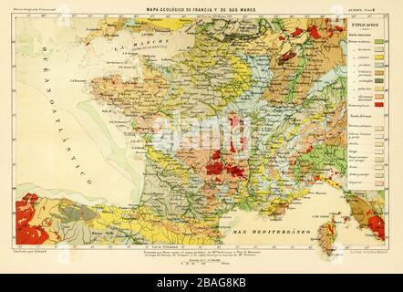Carte des couleurs du XIXe siècle ancien d'une carte géologique de la France et de l'Europe environnante. Illustration gravée de l'ancien XIXe siècle Banque D'Images