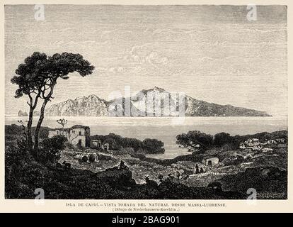 Vue panoramique sur l'île de Capri depuis Massa-Lubrense. Italie Europe. Ancienne image d'illustration gravée du XIXe siècle du livre Banque D'Images