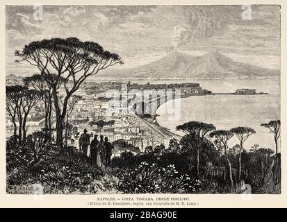 Vue panoramique sur Naples et le volcan du Vésuve vu de Posillipo. Italie Europe. Illustration gravée de l'ancien XIXe siècle Banque D'Images