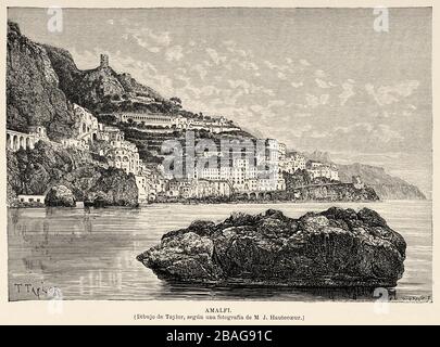 Vue panoramique sur la ville de Positano. Côte amalfitaine, Campanie. Italie Europe. Ancienne image d'illustration gravée du XIXe siècle du livre Banque D'Images