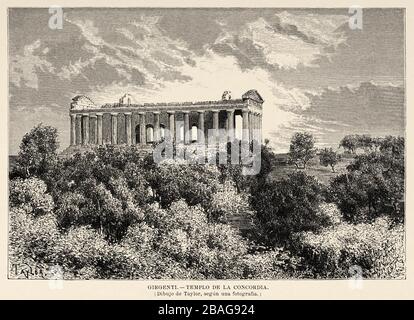 Vue panoramique sur le Temple de la Concord à Girgenti (Agrigento). Sicile. Italie Europe. Ancienne image d'illustration gravée du XIXe siècle du livre Nouveau Banque D'Images
