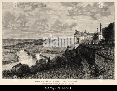 Vue panoramique générale depuis la terrasse de Saint-Germain-des-Prés, Paris. France Europe. Ancienne image d'illustration gravée du XIXe siècle du livre Banque D'Images