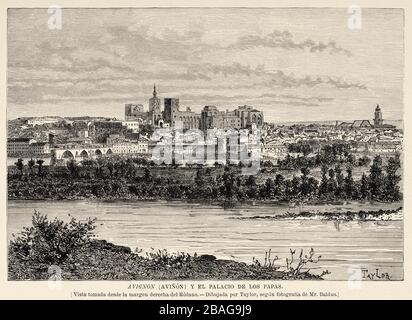 Vue panoramique générale sur la ville d'Avignon et le Palais des Papes, région de Provence. France Europe. Illustration gravée de l'ancien XIXe siècle Banque D'Images