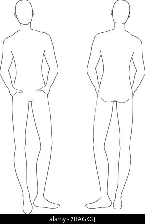 Modèle de mode de repos debout hommes. 9 dimensions de tête pour le dessin technique. Les messieurs sont en vue avant et arrière. Silhouette vectorielle pour l'esquisse et l'illustration de mode. Illustration de Vecteur