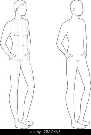 Modèle de mode de repos debout hommes. 9 dimensions de tête pour le dessin technique avec et sans lignes principales. Messieurs figure vue de face. Silhouette vectorielle pour l'esquisse et l'illustration de mode. Illustration de Vecteur