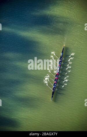 , Rowing huit avec coxswain sur le Baldeneysee à Essen, 28.02.2015, vue aérienne, Allemagne, Rhénanie-du-Nord-Westphalie, région de la Ruhr, Essen Banque D'Images