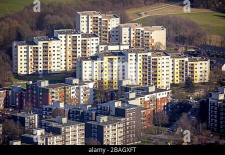 , zone résidentielle de grande taille dans le quartier Horst entre Bonhoefferweg et Dahlauser Strasse, 28.02.2015, vue aérienne, Allemagne, Rhénanie-du-Nord-Westphalie, région de la Ruhr, Essen Banque D'Images