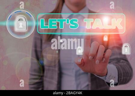 L'écriture conceptuelle de la main montrant les lets est Talk. Concept signifiant suggérant au début d'une conversation sur le sujet Banque D'Images