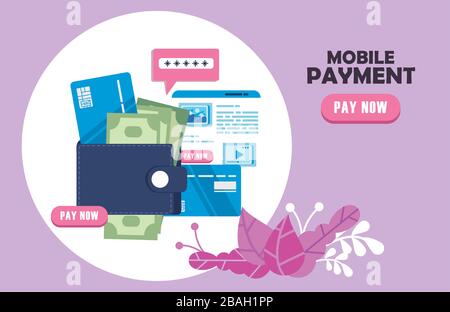 paiement de la technologie en ligne avec portefeuille et argent Illustration de Vecteur