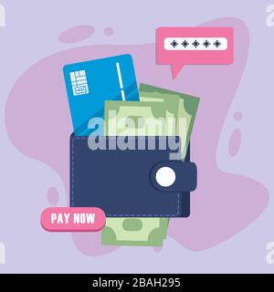paiement de la technologie en ligne avec portefeuille et argent Illustration de Vecteur