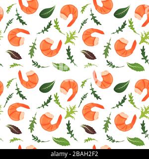 Crevettes bouillies et mélanger les feuilles de salade sur fond blanc. Crevettes tigrées. Illustration vectorielle. Répétition transparente. Illustration de Vecteur