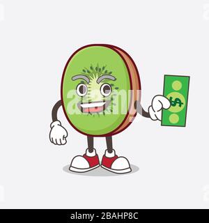 Une photo du personnage de mascotte de dessin animé de fruit de Kiwi donnant de l'argent au dollar Banque D'Images