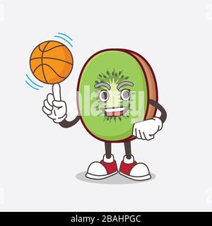 Une photo du personnage de la mascotte aux fruits de Kiwi avec un ballon de basket-ball Banque D'Images
